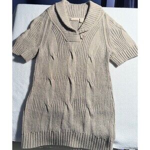 DKNY Jeans Oatmeal Cable Knit Short Sleeve Shawl Collar Sweater Tunic XL